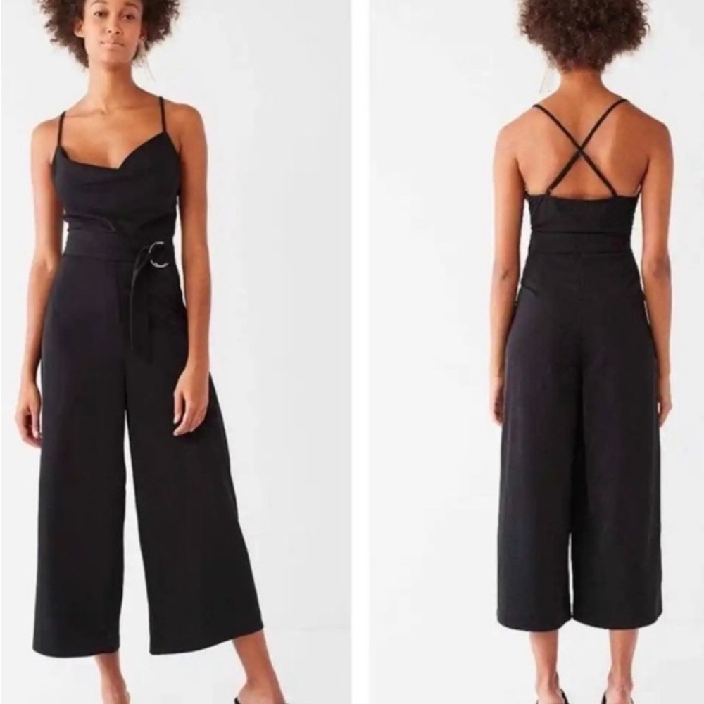 NWT‎ Urban Outfitters Black Cowl Neck Wide Leg Jumpsuit  Belt Strap Back #792